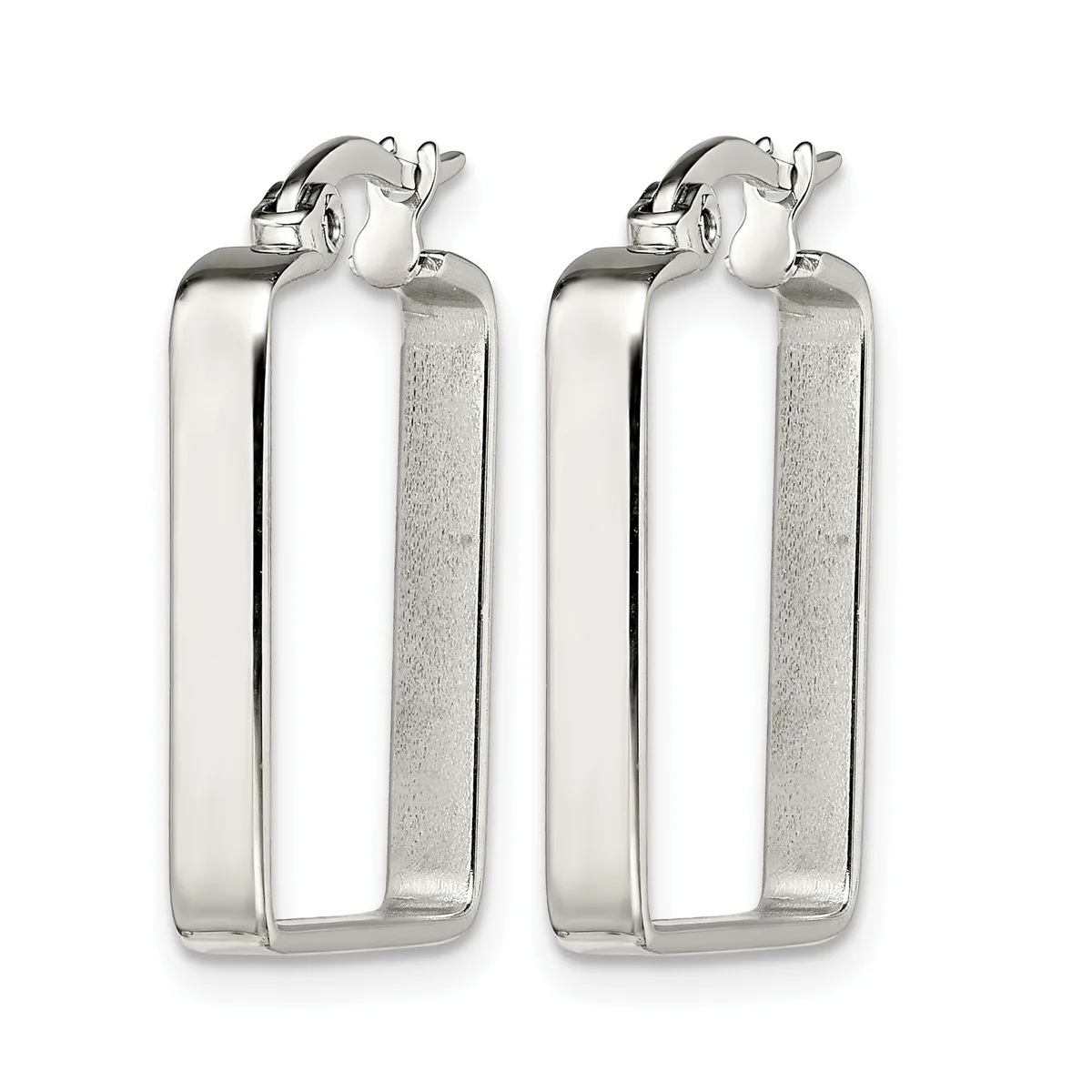 A pair of polished silver rectangular tube hoop earrings with textured sides and hinged closures, shown from the front.
