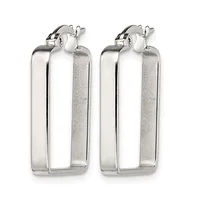 A pair of polished silver rectangular tube hoop earrings with textured sides and hinged closures, shown from the front.