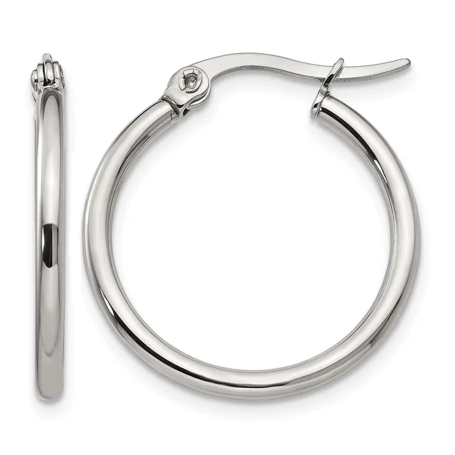 A pair of polished silver-toned hoop earrings with a smooth, tubular design and hinged closure posts, shown from the front and side view.