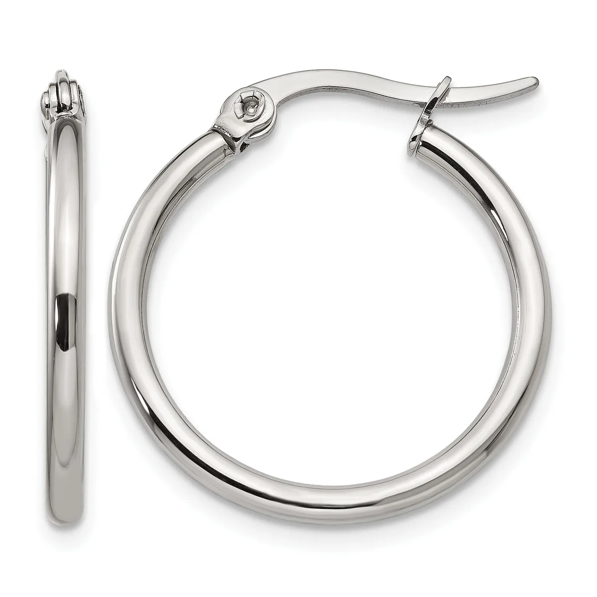 A pair of polished silver-toned hoop earrings with a smooth, tubular design and hinged closure posts, shown from the front and side view.