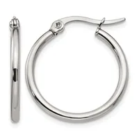 A pair of polished silver-toned hoop earrings with a smooth, tubular design and hinged closure posts, shown from the front and side view.