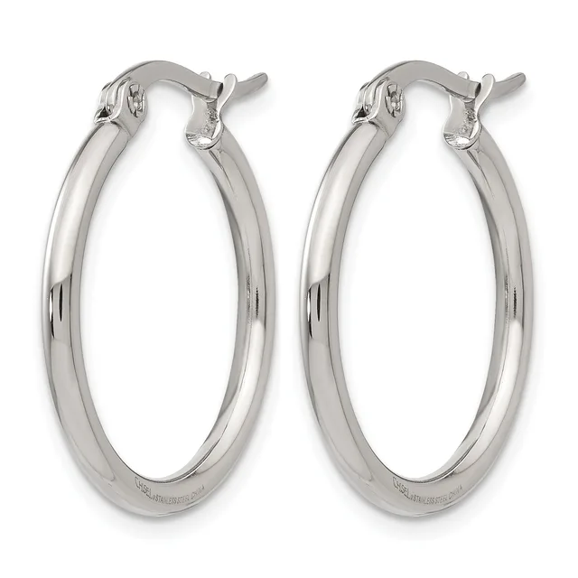 A pair of polished silver hoop earrings with a smooth, curved rectangular profile and hinged post closures, displayed against a white background.