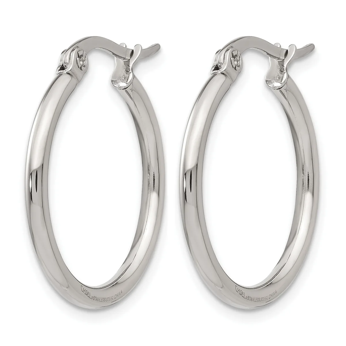 A pair of polished silver hoop earrings with a smooth, curved rectangular profile and hinged post closures, displayed against a white background.