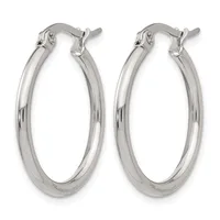 A pair of polished silver hoop earrings with a smooth, curved rectangular profile and hinged post closures, displayed against a white background.