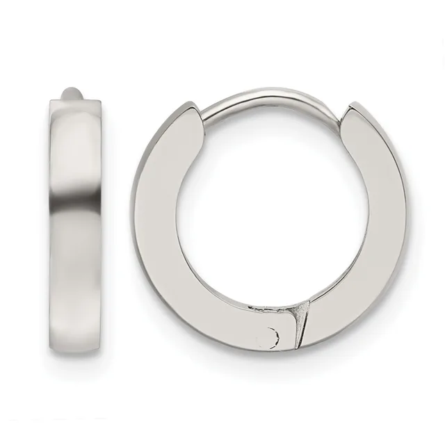 A pair of polished silver huggie hoop earrings shown from front and side views, featuring a chunky curved design with a hinged closure.