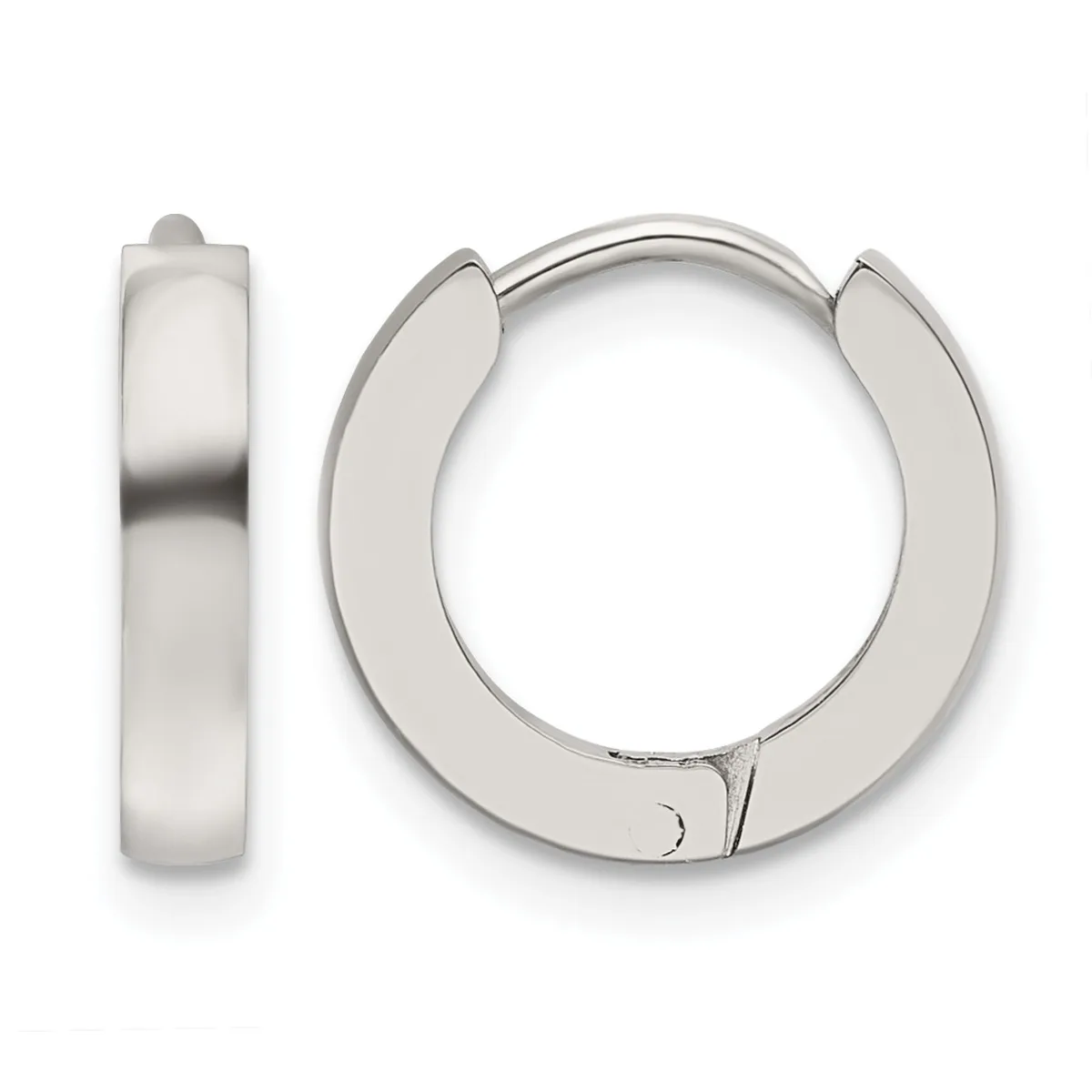 A pair of polished silver huggie hoop earrings shown from front and side views, featuring a chunky curved design with a hinged closure.
