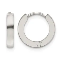 A pair of polished silver huggie hoop earrings shown from front and side views, featuring a chunky curved design with a hinged closure.