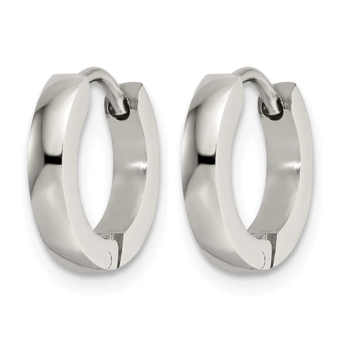 A pair of polished silver-toned chunky hoop earrings with a hinged clasp closure, shown from the front.