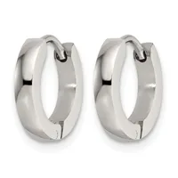 A pair of polished silver-toned chunky hoop earrings with a hinged clasp closure, shown from the front.