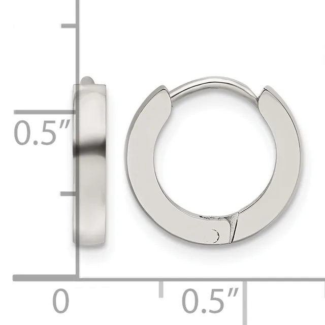 A pair of polished silver-toned hinged hoop earrings measuring 0.5 inches in diameter, shown from front and side views with a measurement scale.