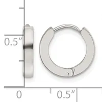 A pair of polished silver-toned hinged hoop earrings measuring 0.5 inches in diameter, shown from front and side views with a measurement scale.