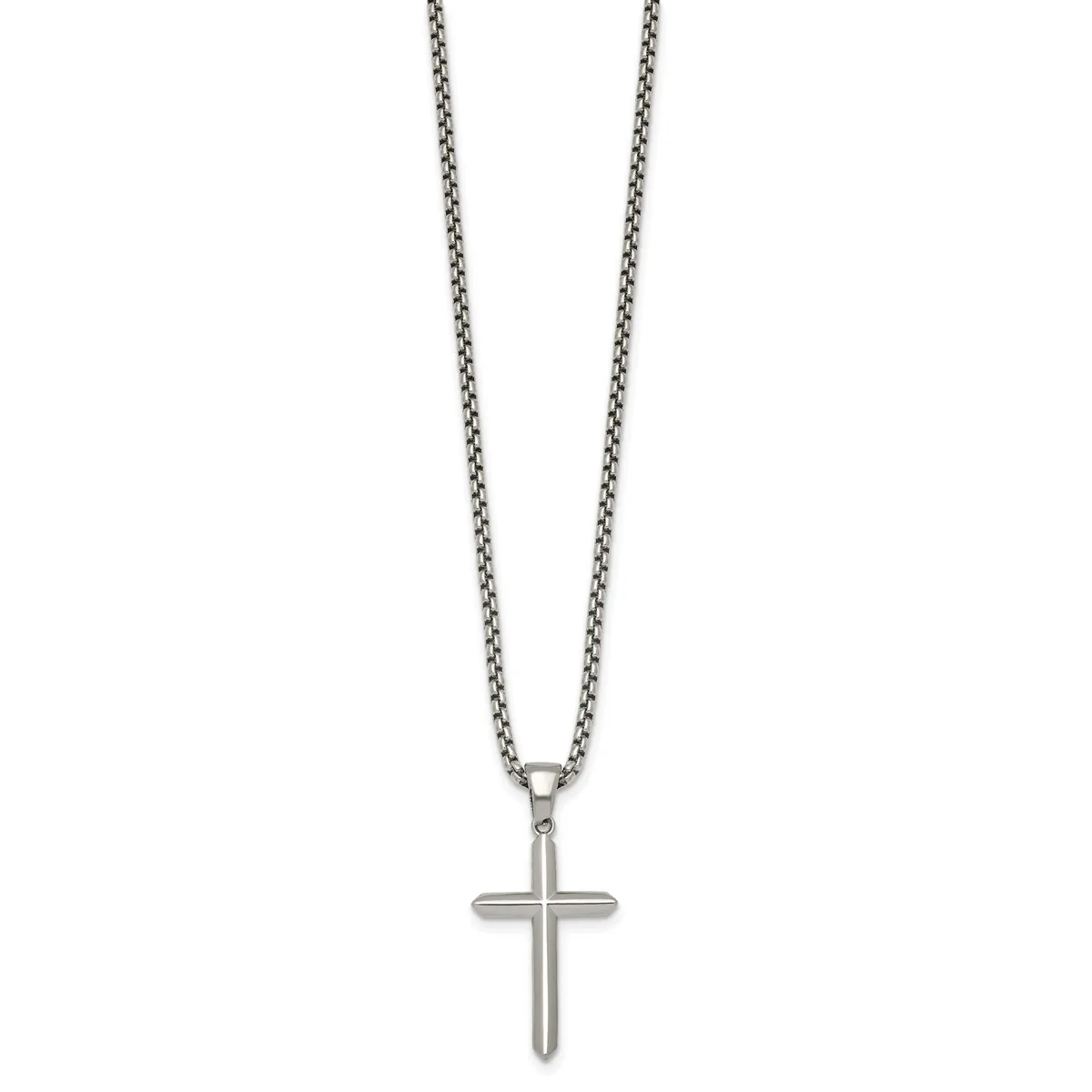 Silver-toned chain necklace with a polished cross pendant hanging from the center.