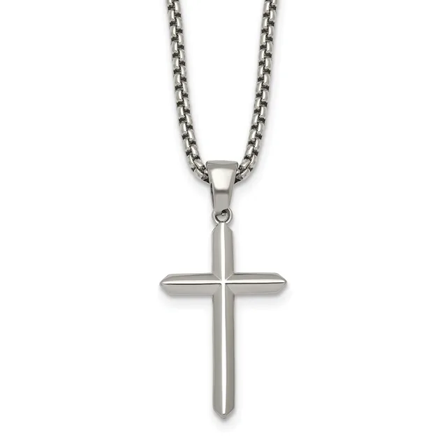 Stainless steel cross pendant with rounded edges hanging from a matching stainless steel chain necklace against a white background.