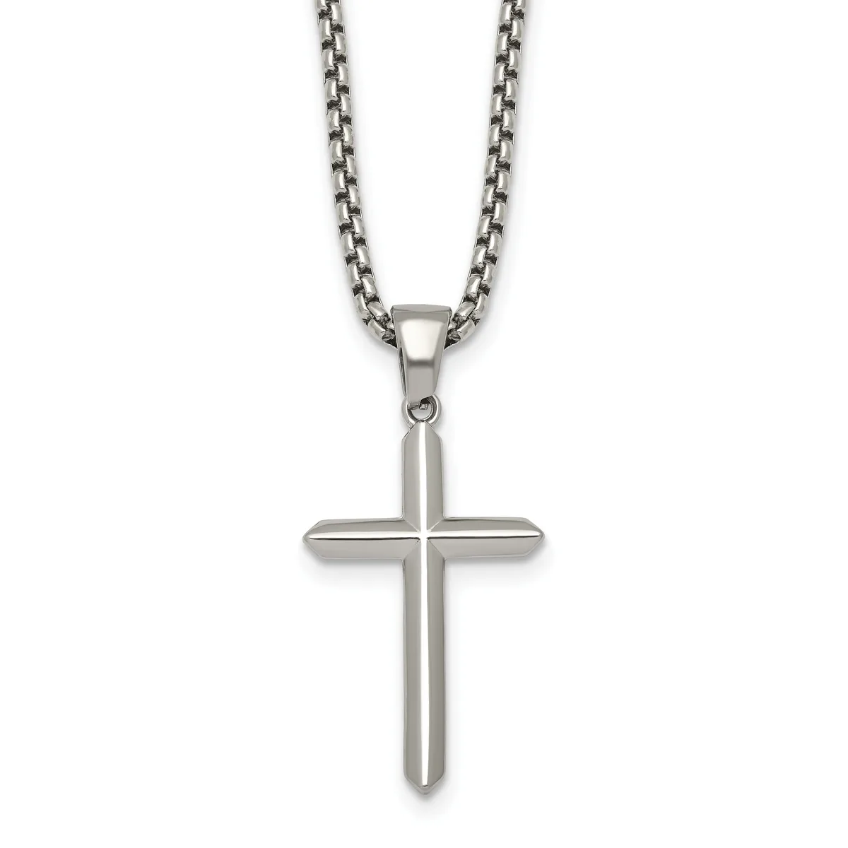 Stainless steel cross pendant with rounded edges hanging from a matching stainless steel chain necklace against a white background.