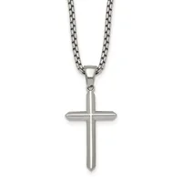 Stainless steel cross pendant with rounded edges hanging from a matching stainless steel chain necklace against a white background.