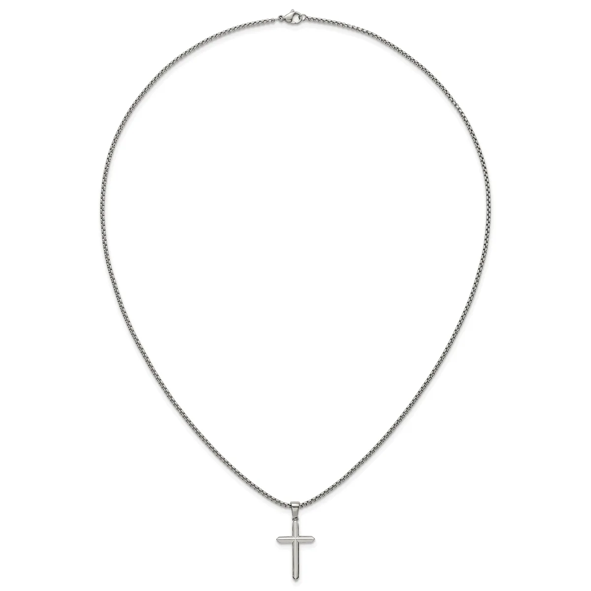 Silver chain necklace with a small cross pendant hanging from the center.