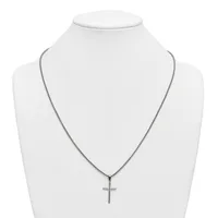 Silver-toned chain necklace with a small cross pendant displayed on a white mannequin bust.