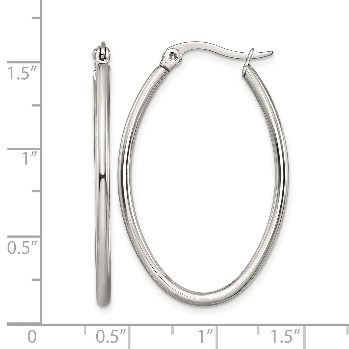 A pair of polished silver-toned oval hoop earrings with hinged closures, displayed next to a measurement scale showing their dimensions of approximately 1.5 inches in length.