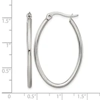 A pair of polished silver-toned oval hoop earrings with hinged closures, displayed next to a measurement scale showing their dimensions of approximately 1.5 inches in length.