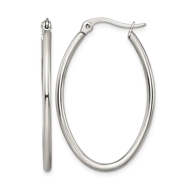 A pair of polished silver-tone oval hoop earrings with hinged closures, shown from front and side views.