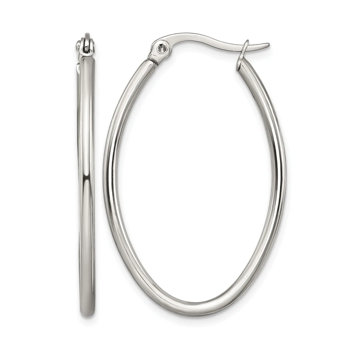 A pair of polished silver-tone oval hoop earrings with hinged closures, shown from front and side views.