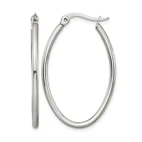 A pair of polished silver-tone oval hoop earrings with hinged closures, shown from front and side views.