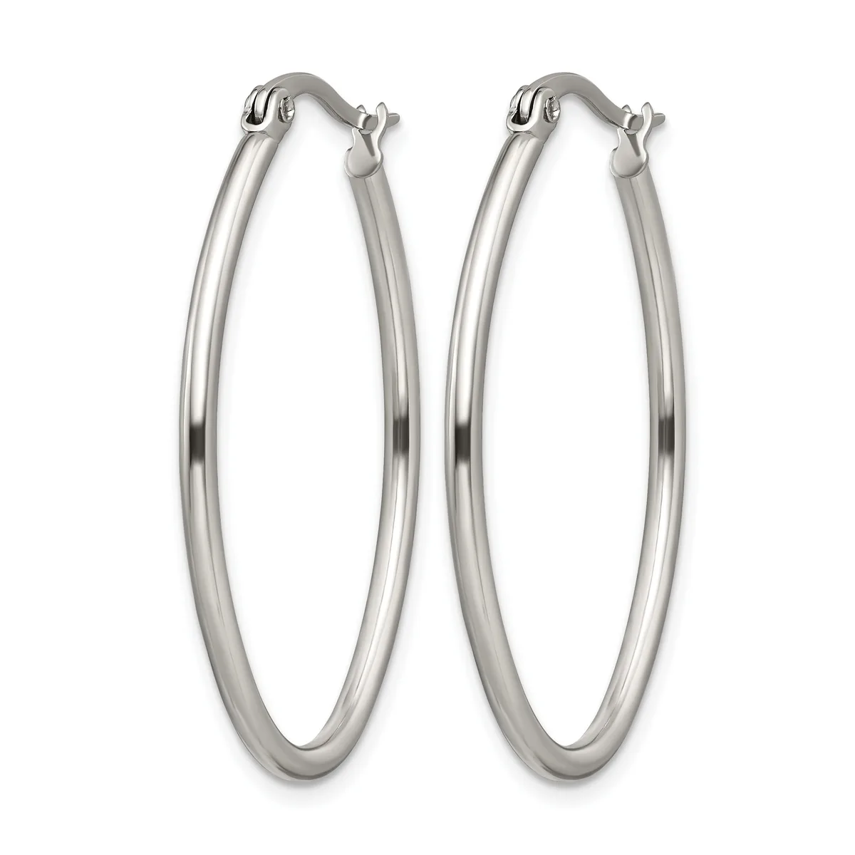 A pair of polished silver-toned oval hoop earrings with hinged posts, displayed against a white background.
