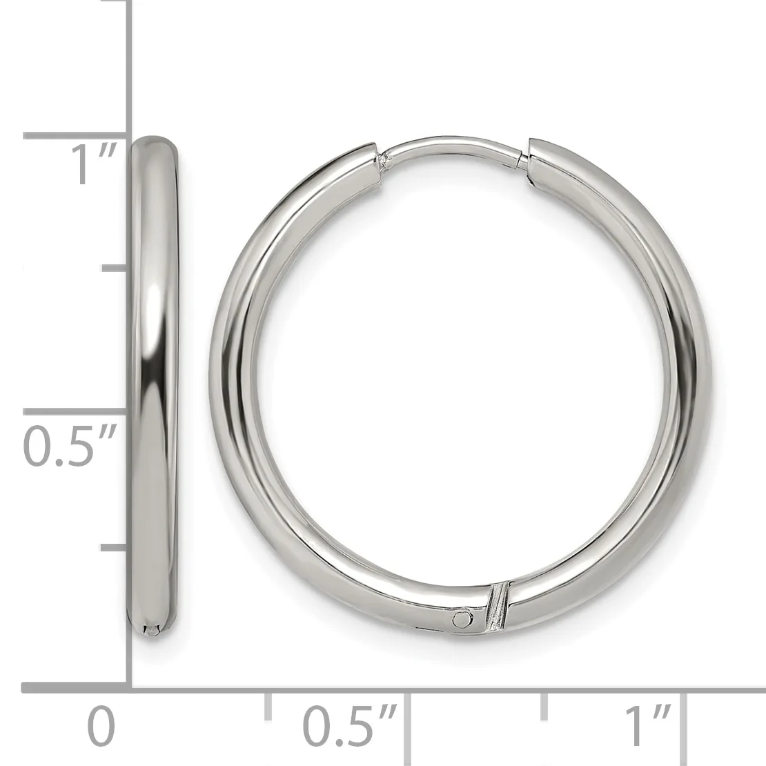 A pair of polished silver-toned hoop earrings with a hinged closure, shown next to a ruler indicating they measure approximately one inch in diameter.
