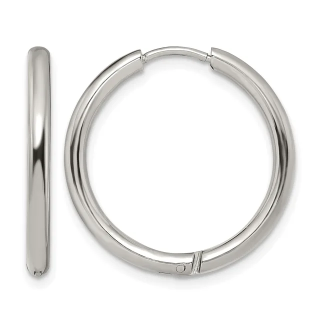 A pair of polished silver-toned hinged hoop earrings shown from front and side views.