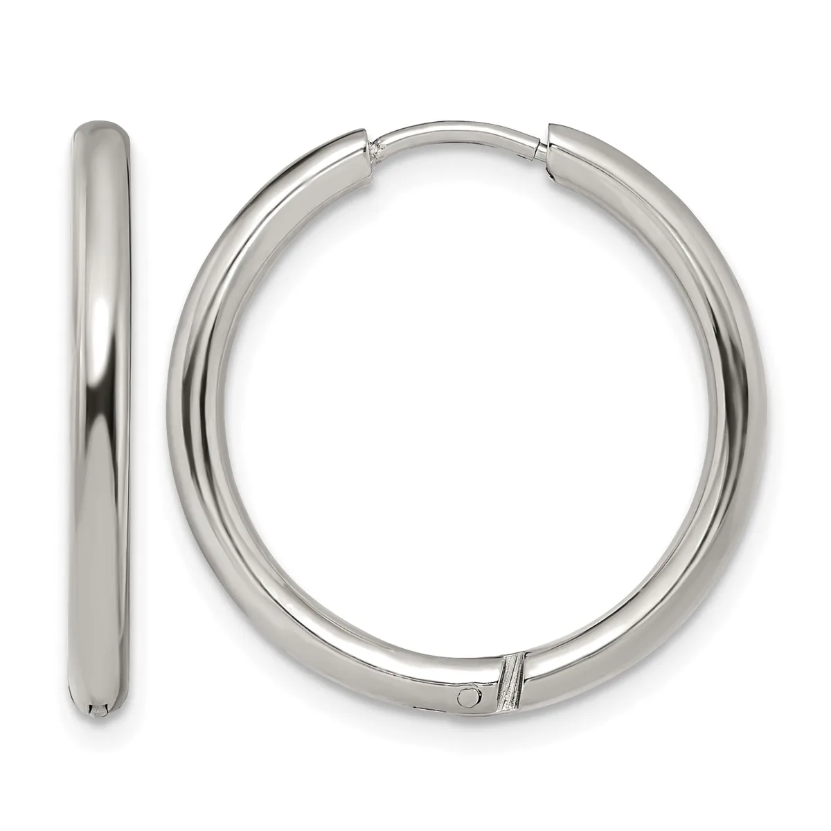 A pair of polished silver-toned hinged hoop earrings shown from front and side views.