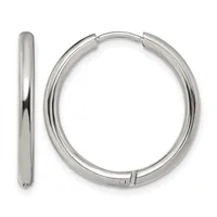 A pair of polished silver-toned hinged hoop earrings shown from front and side views.
