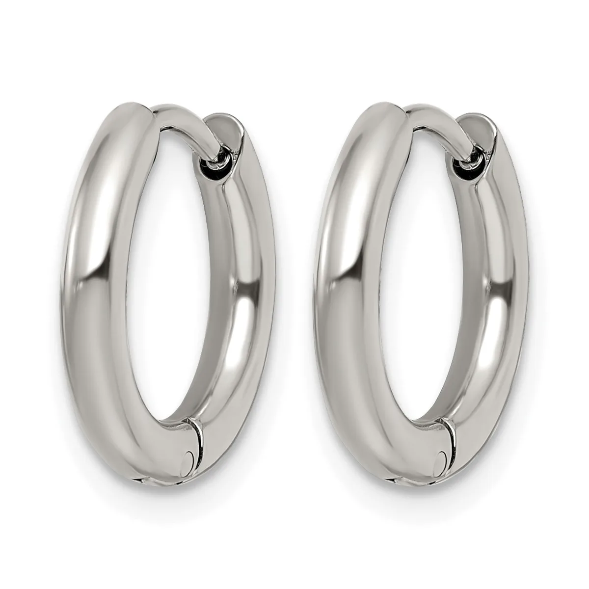 A pair of polished silver-toned chunky hoop earrings with hinged closures, displayed against a white background.