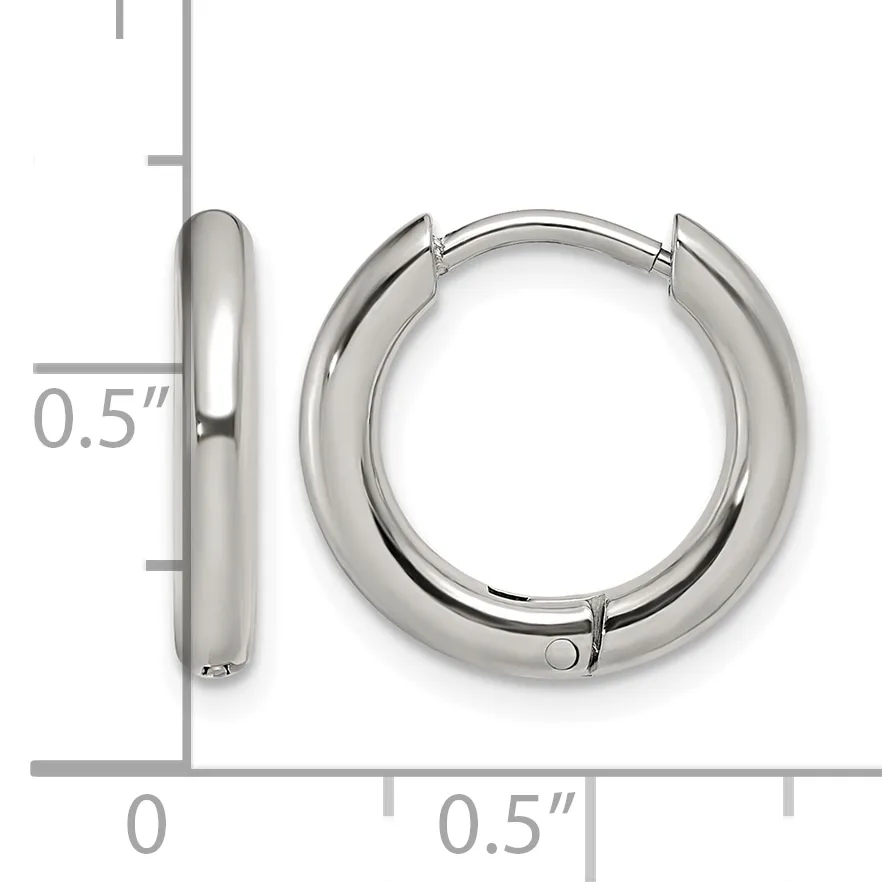 Polished silver-toned chunky hoop earrings with hinged closures, shown from front and side views with a measurement scale indicating approximately 0.5 inches in width.