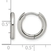 Polished silver-toned chunky hoop earrings with hinged closures, shown from front and side views with a measurement scale indicating approximately 0.5 inches in width.