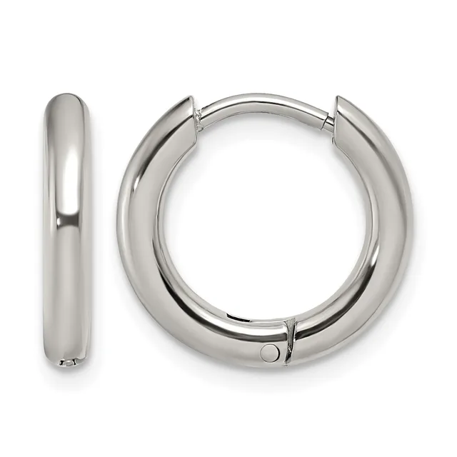 Pair of polished silver-toned chunky hoop earrings shown from front and side views, featuring a hinged closure mechanism.