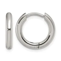 Pair of polished silver-toned chunky hoop earrings shown from front and side views, featuring a hinged closure mechanism.