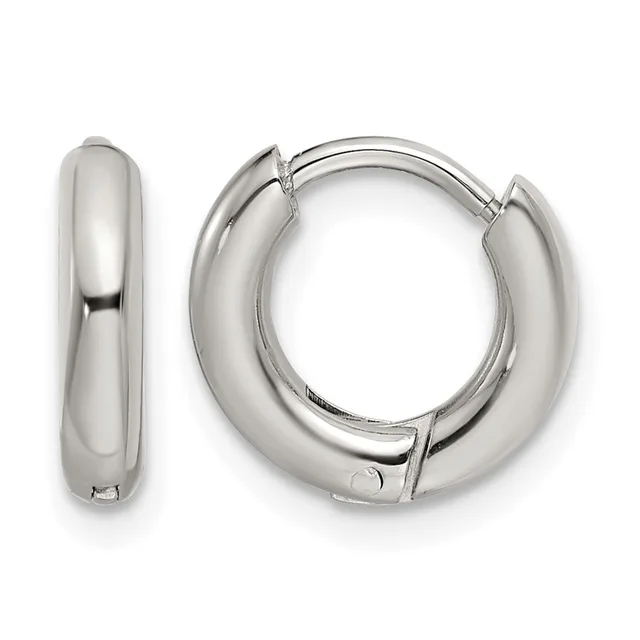 A pair of polished silver-tone chunky hoop earrings with a hinged clasp closure, shown from front and side views.