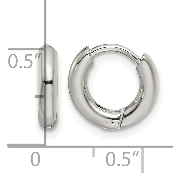 Pair of polished silver-toned chunky hoop earrings with hinged backs, shown from front and side views with measurement scale indicating 0.5 inch diameter.