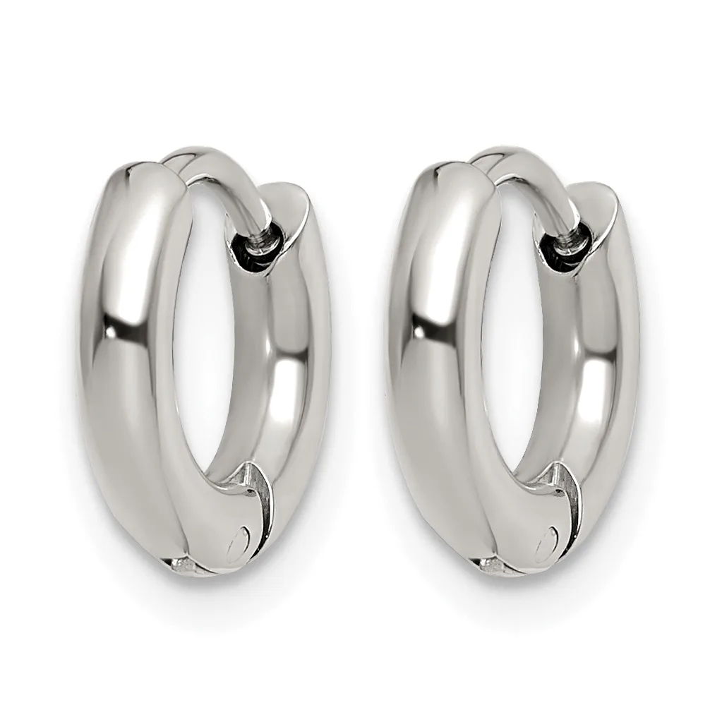A pair of polished silver chunky hoop earrings with rounded profiles and hinged closures, shown from the front against a white background.