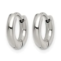 A pair of polished silver chunky hoop earrings with rounded profiles and hinged closures, shown from the front against a white background.