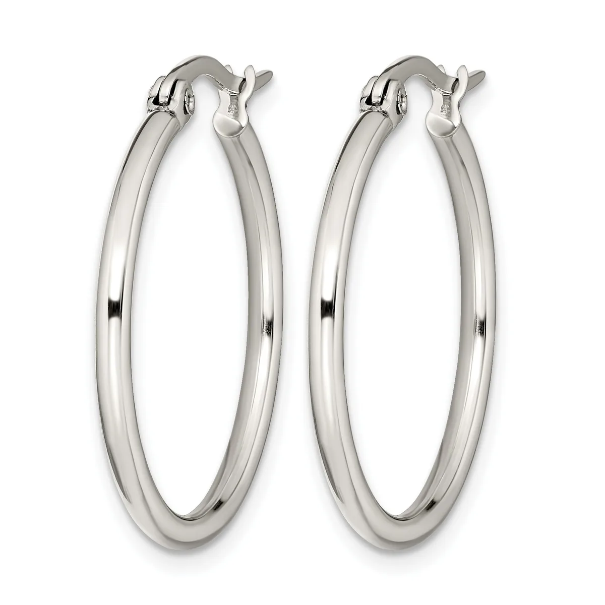 A pair of polished silver-toned hoop earrings with a smooth, rounded profile and hinged closure posts, displayed against a white background.