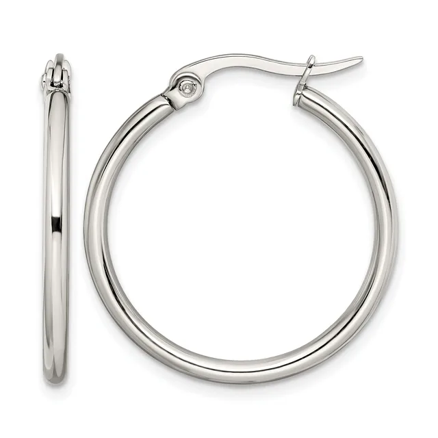 A pair of polished silver-toned hoop earrings shown from two angles, displaying the front and side views with hinged closures.