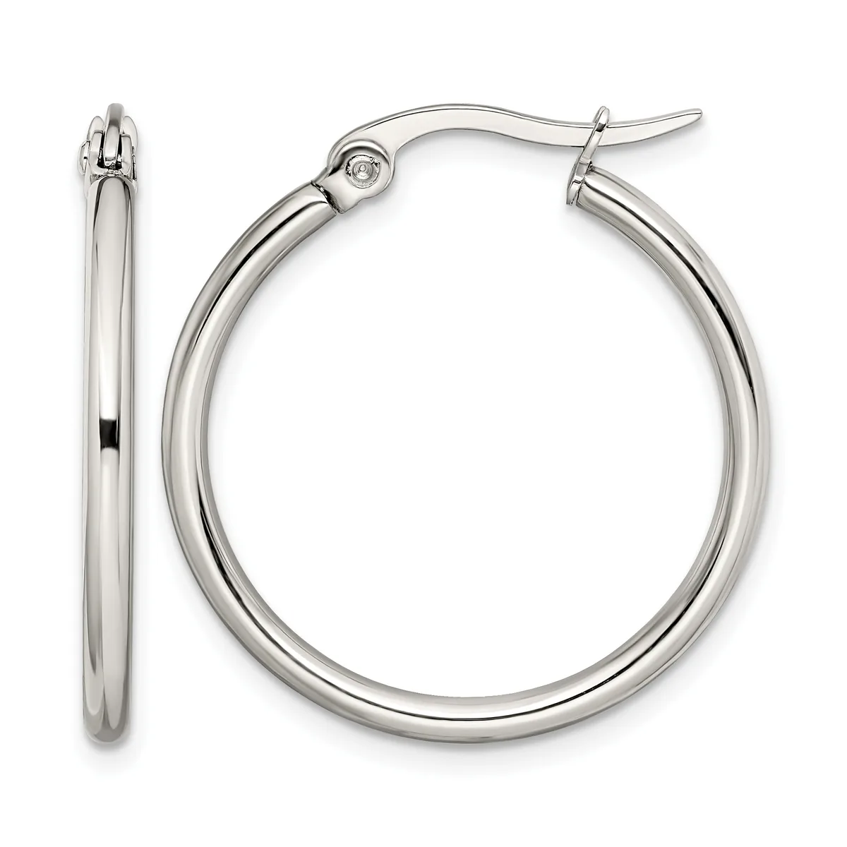 A pair of polished silver-toned hoop earrings shown from two angles, displaying the front and side views with hinged closures.
