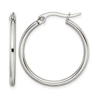 A pair of polished silver-toned hoop earrings shown from two angles, displaying the front and side views with hinged closures.