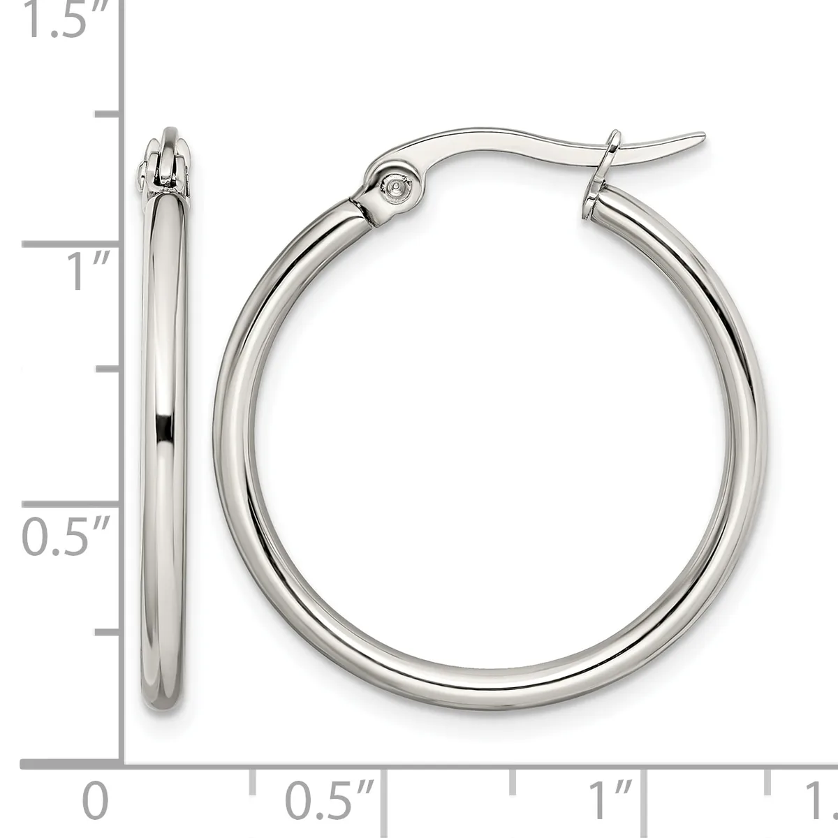 A pair of polished silver-toned hoop earrings with a measurement scale showing they are approximately one inch in diameter.