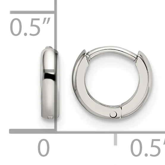 A pair of polished silver-colored hinged hoop earrings measuring 0.5 inches in diameter, shown from front and side views.