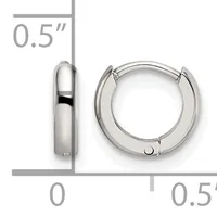 A pair of polished silver-colored hinged hoop earrings measuring 0.5 inches in diameter, shown from front and side views.