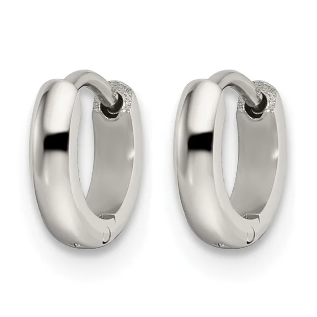 A pair of polished silver chunky hoop earrings with a hinged clasp closure shown from the front against a white background.
