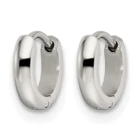 A pair of polished silver chunky hoop earrings with a hinged clasp closure shown from the front against a white background.