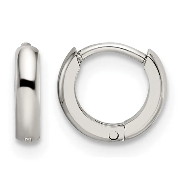 A pair of polished silver-toned chunky hoop earrings with hinged closures, shown from front and side views.